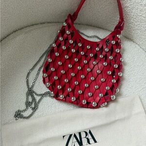 Zara Red Silver-Studded Shoulder Bag